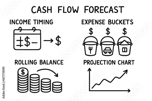 Cash Flow Doodle Set. Cash flow forecast doodle set: hand drawn icons for income timing, expense buckets, rolling balances, and