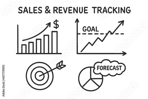 Sales Tracking Doodle. Sales and revenue tracking doodle set: hand drawn icons for income bars, performance trends, goal lines,