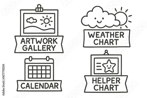 Classroom Display Doodles. Kids classroom display ideas doodle set: hand drawn icons for artwork gallery, weather chart, calendar,