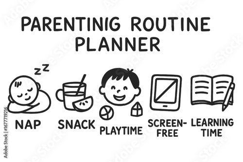 Parenting Routine Icons. Parenting routine planner doodle set: hand drawn icons for naps, snacks, playtime, screen-free hours, and