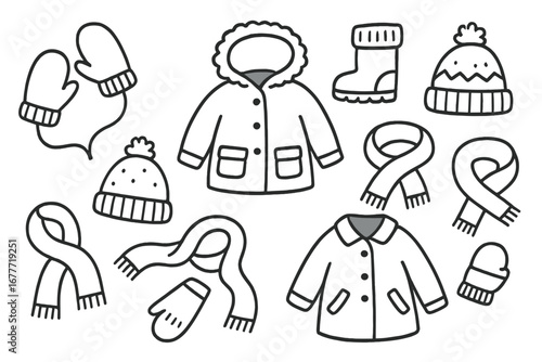 Winter Wardrobe Doodles. Children’s winter wardrobe doodle set: hand drawn icons for mittens, snow boots, beanie hats, scarves,