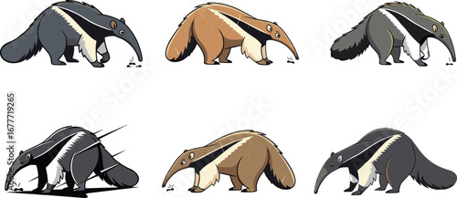Cartoon anteater illustration, giant anteater drawing, cute wildlife animal artwork, insect eating mammal design, funny jungle character image