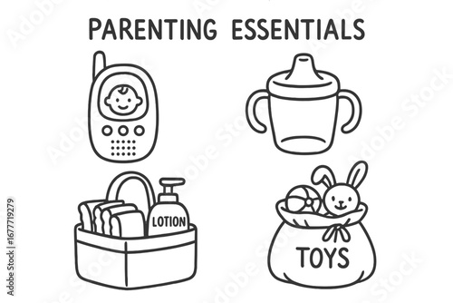 Parenting Essentials Doodles. Parenting essentials doodle set: hand drawn icons for baby monitor, sippy cup, diaper caddy, and toy
