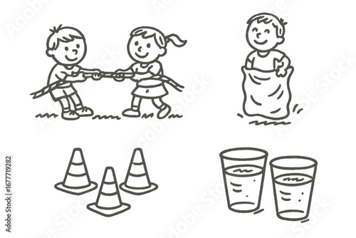 Preschool Field Day Icons. Preschool field day doodle set: hand drawn icons for tug-of-war, sack race, relay cones, and water cups