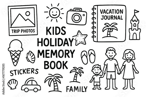 Kids Holiday Doodle Set. Kids holiday memory book doodle set: hand drawn icons for trip photos, vacation journal, stickers, and