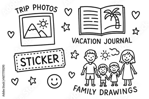 Holiday Memory Doodle Set. Kids holiday memory book doodle set: hand drawn icons for trip photos, vacation journal, stickers, and
