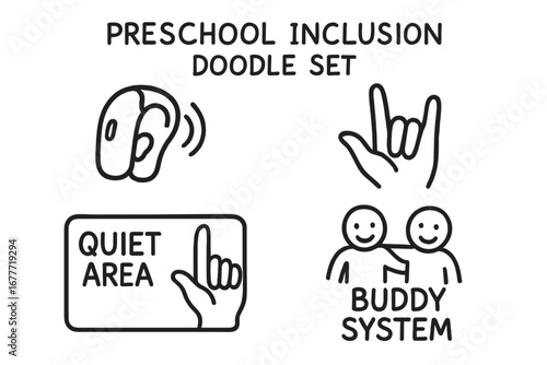Preschool Inclusion Symbols. Preschool inclusion symbols doodle set: hand drawn icons for hearing aid, sign language hand, quiet
