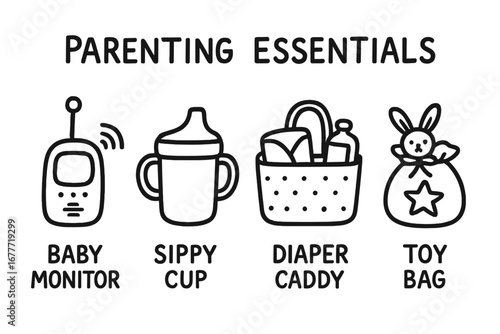 Parenting Essentials Doodles. Parenting essentials doodle set: hand drawn icons for baby monitor, sippy cup, diaper caddy, and toy