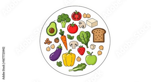 Colorful Collection of Healthy Plant Based Foods Arranged in a Circle on a White Background