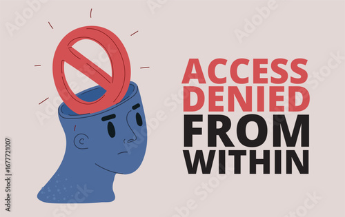 Vector illustration of head with forbidden sign, symbolizing self-control, critical thinking, and awareness