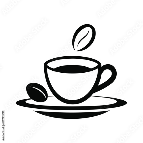 Coffee Cup with Saucer and Beans Outline on White Background