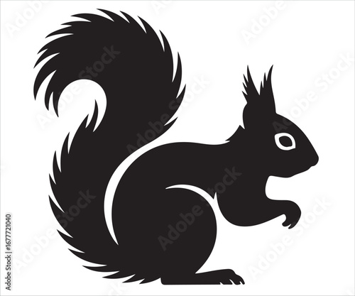 Silhouette of a squirrel with bushy tail, vector wildlife illustration representing forest animal, nature, woodland creature, rodent, ecology, autumn, nut gathering, outdoor life, and environmental co