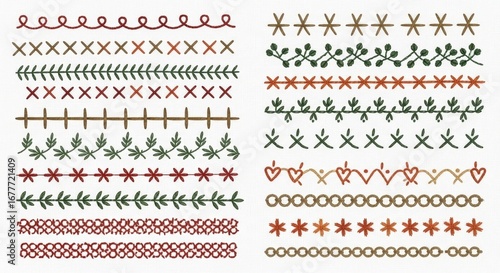 Collection of Decorative Embroidery Stitches in Red and Green Folk Art Style on a White Background