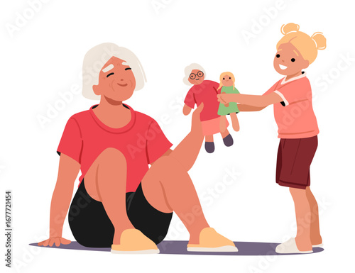 Happy grandmother and girl child cartoon characters playing dolls together isolated on white