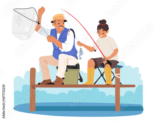Grandfather and granddaughter fishing together enjoying active leisure activity outdoors scene