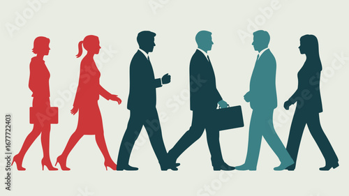 Diverse professionals stride confidently forward, embodying teamwork and career advancement in a modern business setting.
