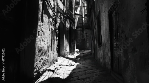 A narrow, cobblestone alleyway illuminated by light and shadows, showcasing textured walls and a sense of mystery in a monochrome setting.