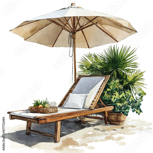 Poolside Relaxation Sunny Day, watercolor painting vector, isolated on a white background.