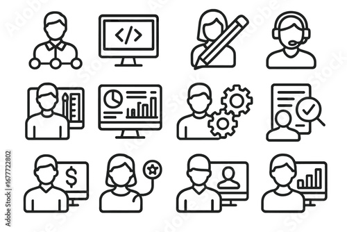Remote Team Role Icons. Line style icons of remote team roles: project manager icon, developer screen, content writer, support