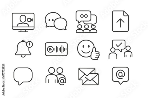Remote Communication Icons. Line style icons of communication in remote teams: video call, message bubbles, team chat, file
