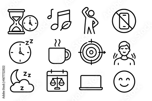 Freelance Stress Icons. Line style icons of freelance stress management: break timer, calm music icon, stretch figure, digital