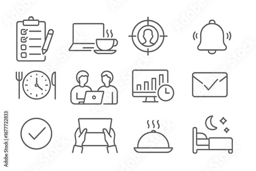 Remote Routine Icons. Line style icons of daily remote routine: morning checklist, breakfast on desk, focus time icon, break