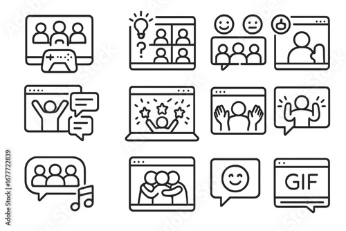 Virtual Team Icons. Line style icons of virtual team building: online game, trivia quiz, emoji reactions, fun breakout session,