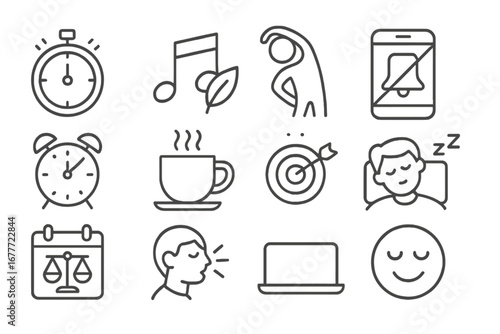 Freelance Stress Icons. Line style icons of freelance stress management: break timer, calm music icon, stretch figure, digital