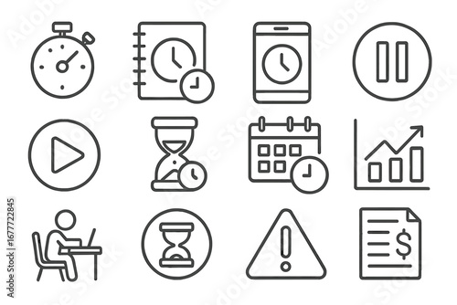 Freelance Time Tracking Icons. Line style icons of freelance time tracking: stopwatch icon, hours log, timer app, pause button,