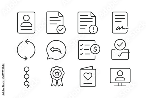 Freelance Tools Line Icons. Line style icons of freelance client tools: contact sheet, proposal response, invoice status, contract