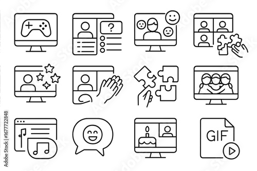 Virtual Team Icons. Line style icons of virtual team building: online game, trivia quiz, emoji reactions, fun breakout session,