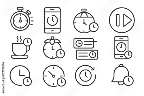 Task Timer Icons. Line style icons of task timers: digital stopwatch, mobile countdown app, timer with start button, pause/resume