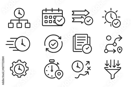 Efficient Time Icons. Line style icons of efficient time workflows: system chart, optimized calendar, task flow arrows, best time