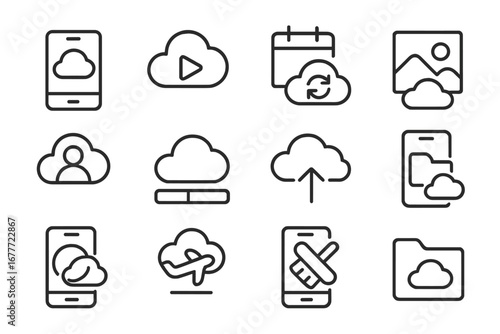 Cloud Icon Set. Line style icons of cloud icons for mobile apps: app with cloud, media cloud, calendar sync, photo backup, contact