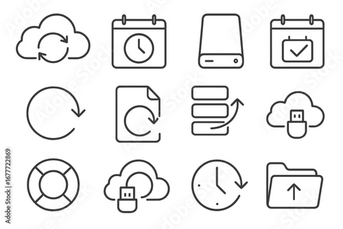Online Backup Icons. Line style icons of online backup systems: cloud with arrow loop, backup schedule, external drive icon, daily