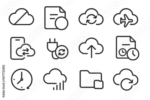 Cloud Icons Line Style. Line style icons of offline and online cloud modes: cloud with slash, file with offline badge, sync when