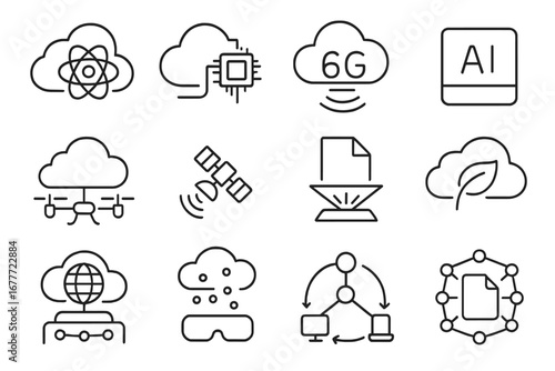 Cloud Technology Icons. Line style icons of future of cloud technology: quantum cloud icon, edge computing cloud, 6G cloud icon,