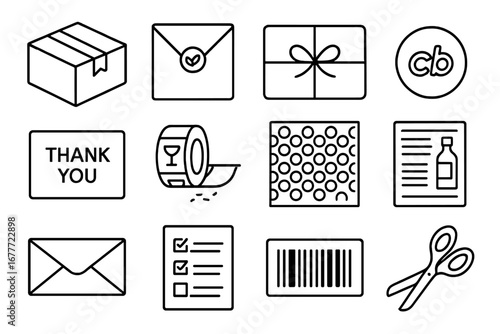 E-commerce Packaging Icons. Line style icons of e-commerce packaging: cardboard box, eco mailer, custom wrapping, branded sticker,