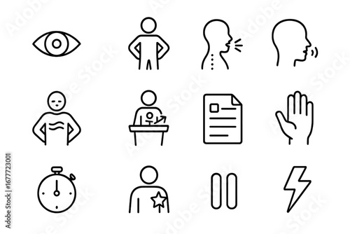Presentation Tips Icons. Line style icons of presentation delivery tips: eye contact icon, confident stance, posture guide, vocal