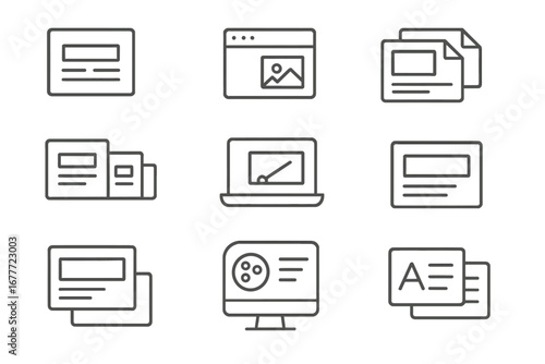 Line Style Icons. Line style icons of slide templates and themes: clean layout icon, visual theme selector, slide master, slide