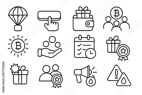 Crypto Airdrop Icons. Line style icons of crypto airdrops and rewards: parachute icon, claim reward button, wallet with gift,
