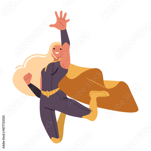 Masked woman superhero cartoon character wearing suit and cape jumping up high isolated on white