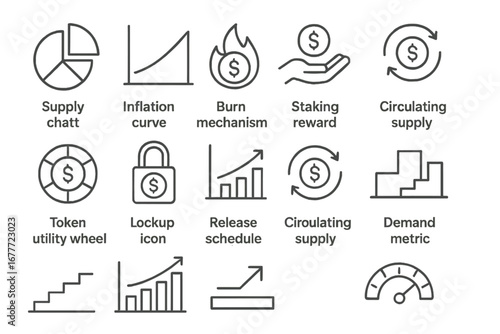 Tokenomics Icon Set. Line style icons of tokenomics design: supply chart, inflation curve, burn mechanism, staking reward, token
