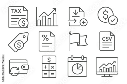 Crypto Tax Icons. Line style icons of crypto tax tracking: tax report document, gains/losses chart, transaction export icon,