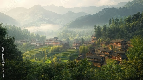Wallpaper Mural A serene village nestled in lush mountains, surrounded by terraced fields and greenery, enveloped in morning mist. Torontodigital.ca