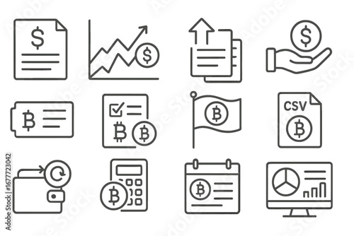 Crypto Tax Icons. Line style icons of crypto tax tracking: tax report document, gains/losses chart, transaction export icon,