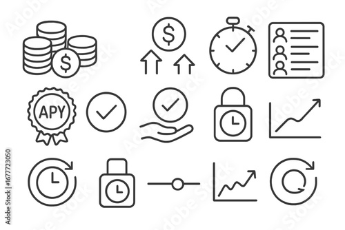 Token Staking Icons. Line style icons of token staking dashboards: staked amount icon, earned rewards icon, stake timer, token APY
