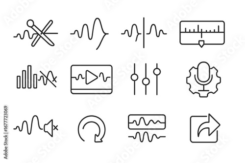 Podcast Editing Icons. Line style icons of podcast editing tools: cut track, fade effect, split audio, timeline editor, noise
