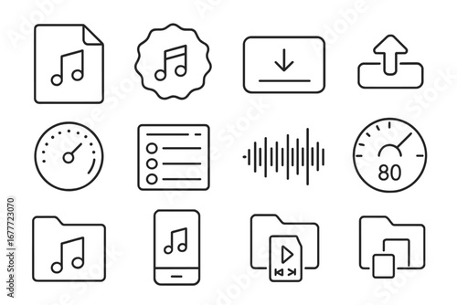 Audio Format Icons. Line style icons of audio export formats: MP3 icon, WAV file, FLAC badge, AAC icon, export button, compression