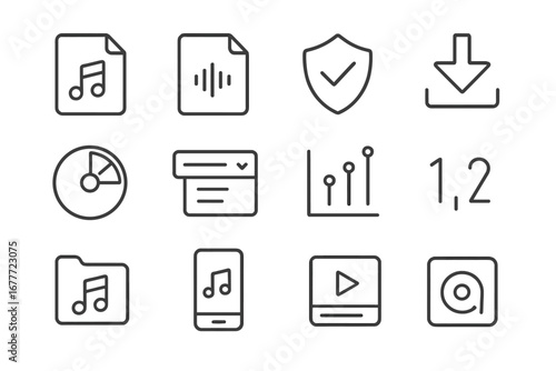 Audio Format Icons. Line style icons of audio export formats: MP3 icon, WAV file, FLAC badge, AAC icon, export button, compression